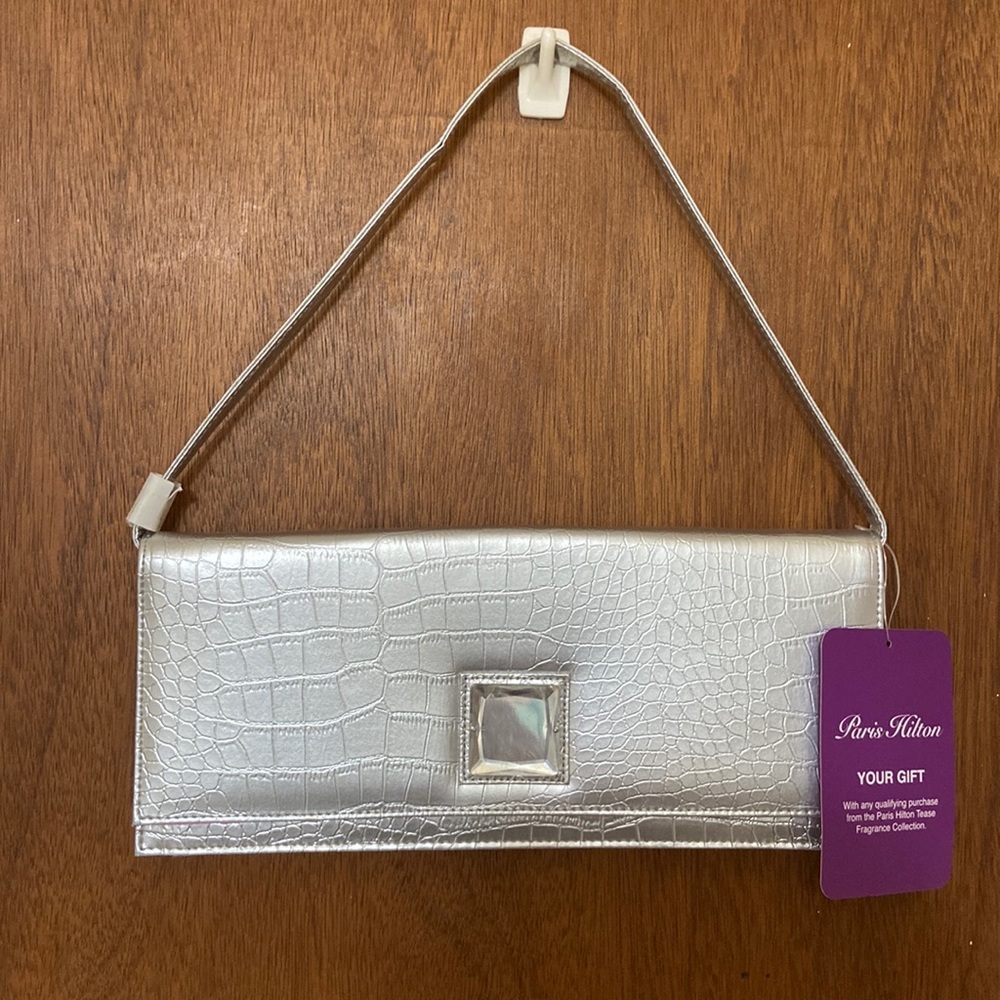 NWT Paris Hilton Silver Croc Embellished Rhinestone Handbag Purse Clutch